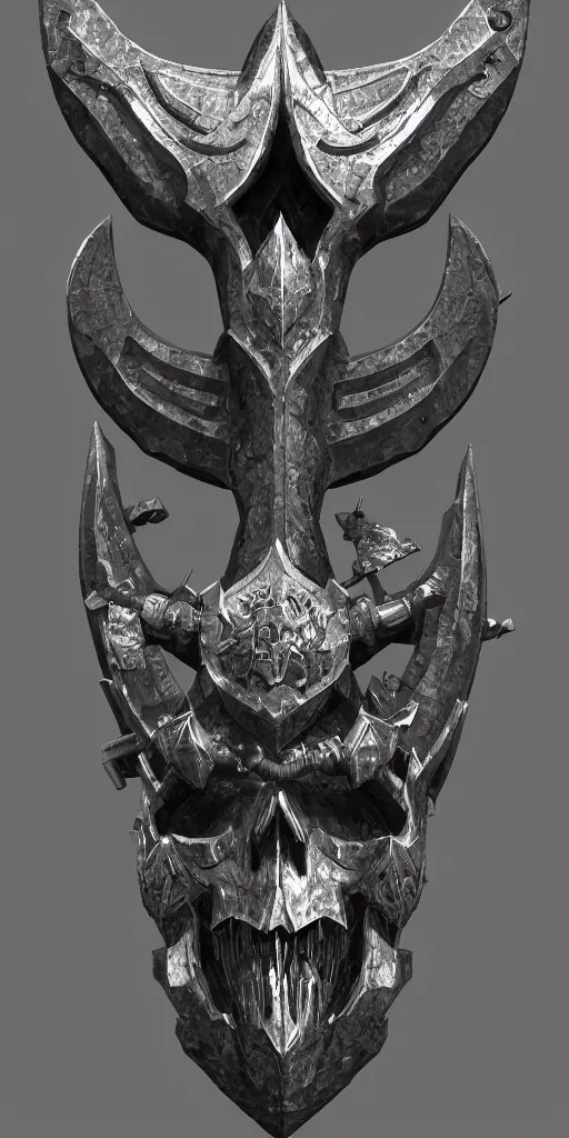 Image similar to a black and silver axe skull crest, ornament, dwarven weapon, by dom qwek, trending on artstation, hard surface modeling