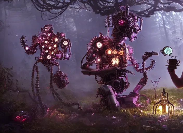 Prompt: intricate mechanical fairy with visible gears having tea with a cyborg demon in a magical forest, having tea with a giant minotaur. Very detailed 8k. Fantasy cyberpunk horror. Sharp. Cinematic post-processing