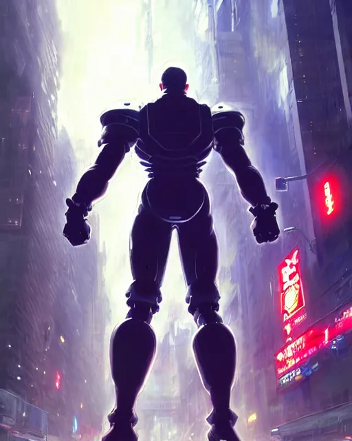 Image similar to gigachad luigi charging ultimate attack like one punch man wearing a suit in the city fighting a scifi mech, fantasy character portrait, ultra realistic, anime key visual, concept art, intricate details, highly detailed by greg rutkowski, ilya kuvshinov, gaston bussiere, craig mullins, simon bisley