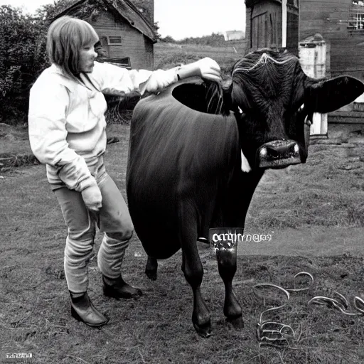 Image similar to alien in the village milking a cow, top secret style photo, 7 0 s