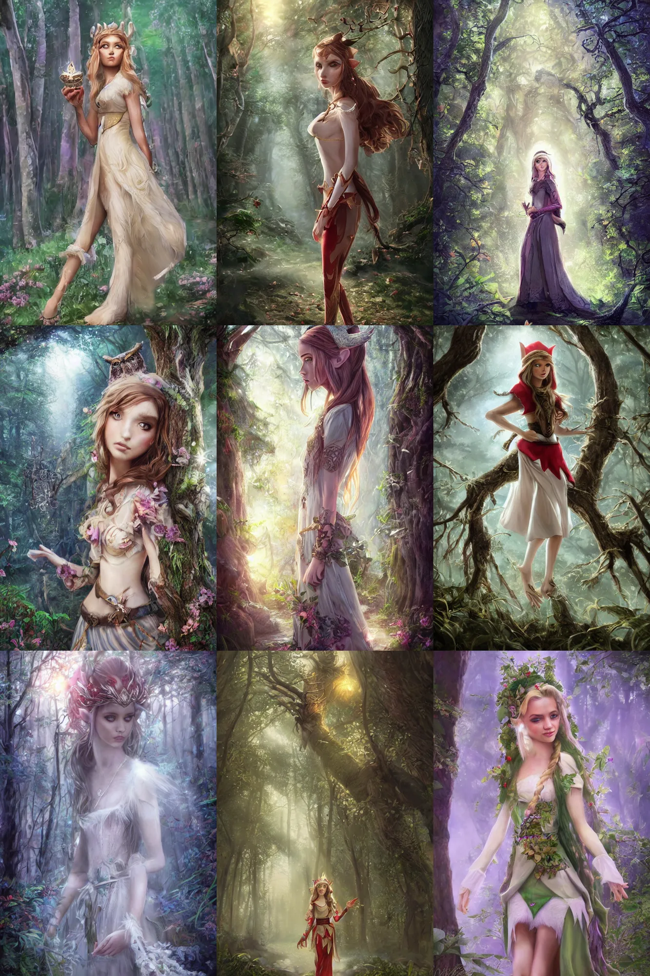 Prompt: a beautiful elf princes walking in an enchanted forest, realistic symmetrical face, detailed eyes, light rays sieving through the trees, an owl sitting on the tree branch, evening, warm light, hyper - realistic fantasy art, trending on artstation
