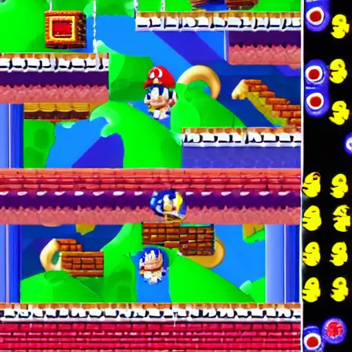 Prompt: supermario in sonic's greenhill zone doing a looping