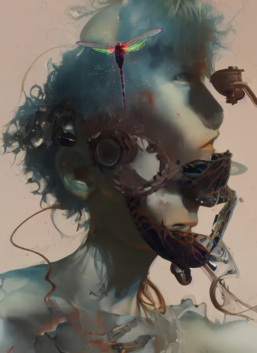 Image similar to surreal gouache painting, by yoshitaka amano, by ruan jia, by conrad roset, by good smile company, detailed anime 3d render of a dragonfly on a DJ mixer, portrait, cgsociety, artstation, rococo mechanical and eletronic, dieselpunk atmosphere