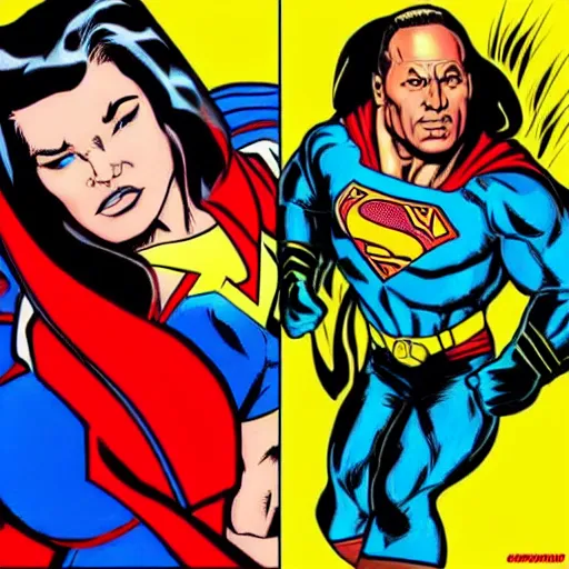 Image similar to lana rhodes as superwoman, fighting dwayne johnson's black adam, pop art