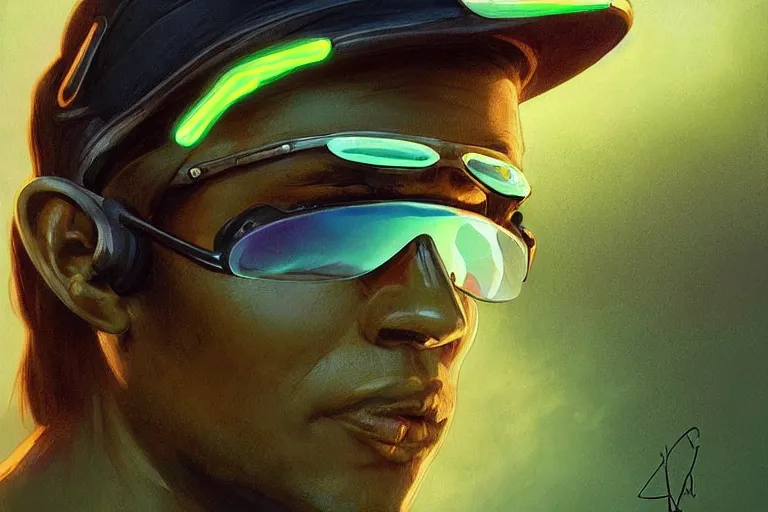 Image similar to Beautiful portrait of a glowing translucent body glowing male police officer wearing cool shades. Green fluorescent aura around officer, wide angle, magic, fire, darkness, dramatic lighting, Africa, intricate, wild, highly detailed, digital painting, artstation, concept art, smooth, sharp focus, illustration, art by artgerm and greg rutkowski and alphonse mucha, footage from space camera