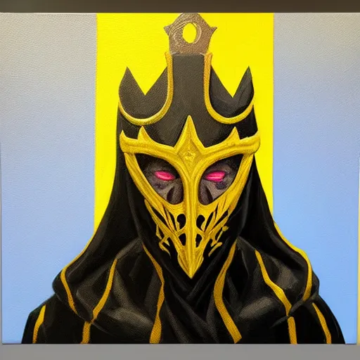 Image similar to eldritch king dressed in mask and robes, gold yellow and black colour scheme, canvas, oil paint style