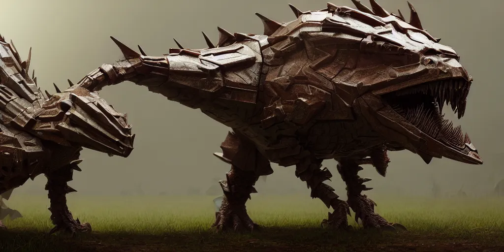 Image similar to an armored fauna creature by neville page, ken barthelmey, carlos huante and doug chiang, sharp focus, trending on artstation, hyper realism, octane render, 8 k, hyper detailed, ultra detailed, highly detailed, zbrush, concept art, creature design