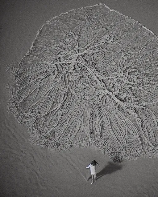 Image similar to a woman standing on a beach, made of intricate decorative lace leaf skeleton, shot from a drone, in the style of the dutch masters and gregory crewdson, dark and moody