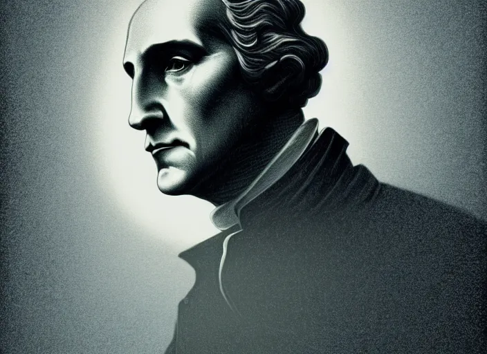 Image similar to illustrated portrait of george washington, mads berg, karolis strautniekas, christopher balaskas, stippled light, low fog, moody, fine texture, editorial illustration, dramatic lighting, dynamic composition, detailed, matte print, muted color, ( ( victo ngai ) ), wide angle