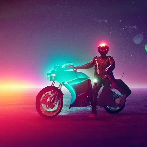 Prompt: a motorcycle floating in space inside magic colorful glowing fog, tilted camera, starry sky, tranquil, desolate, atmospheric, hazy, autochrome, 8k, octane render, unreal engine 5