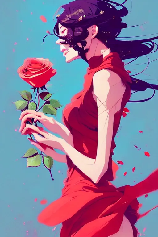 Image similar to a ultradetailed beautiful panting of a stylish woman holding a rose, by conrad roset, greg rutkowski and makoto shinkai, trending on artstation