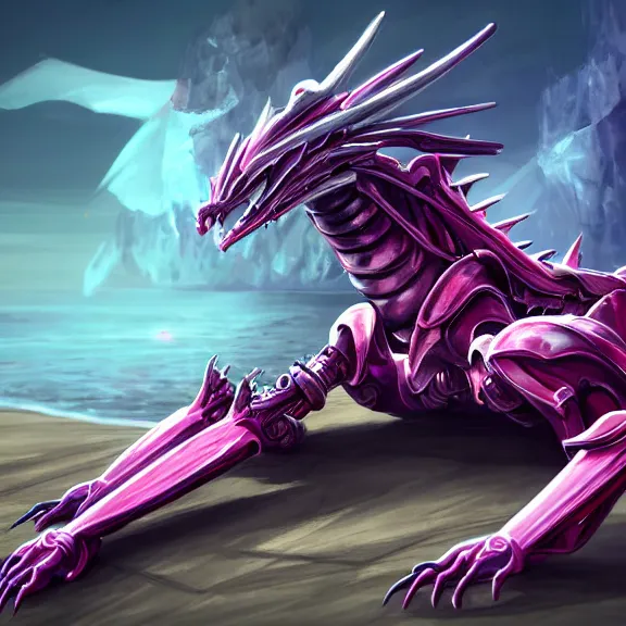 Image similar to very close up foot shot, detailed foot shot, hyperdetailed elegant beautiful stunning anthropomorphic hot mecha female dragon showing detailed sharp dragon claws close to camera, laying on beach, sharp claws, sharp silver armor, fuchsia skin, dragon art, warframe destiny fanart, feet art, dragon feet, furaffinity, deviantart, octane, ekasportal