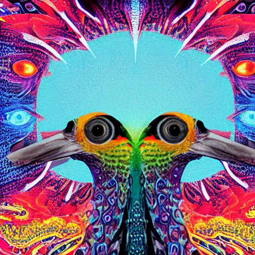 Image similar to front facing bird staring two eyes directly into camera with psychedelic background