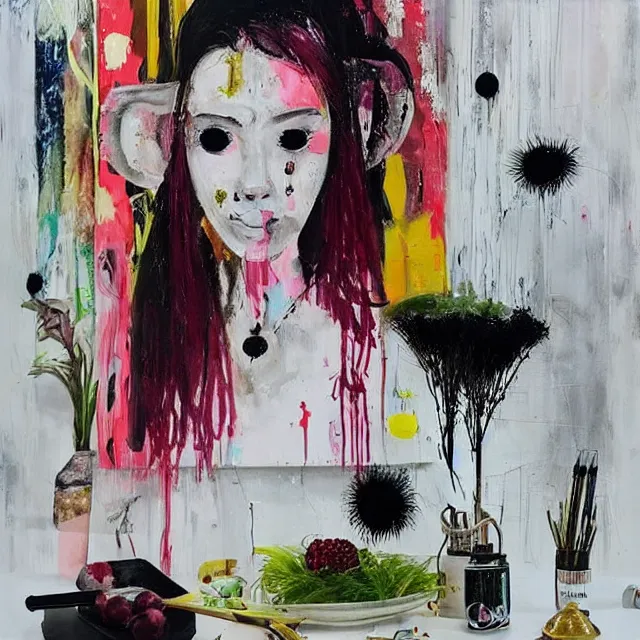 Image similar to “ a portrait in a female art student ’ s apartment, sensual, a pig theme, art supplies, paint tubes, ikebana, herbs, a candle dripping white wax, black walls, squashed berries, berry juice drips, acrylic and spray paint and oilstick on canvas, surrealism, neoexpressionism ”