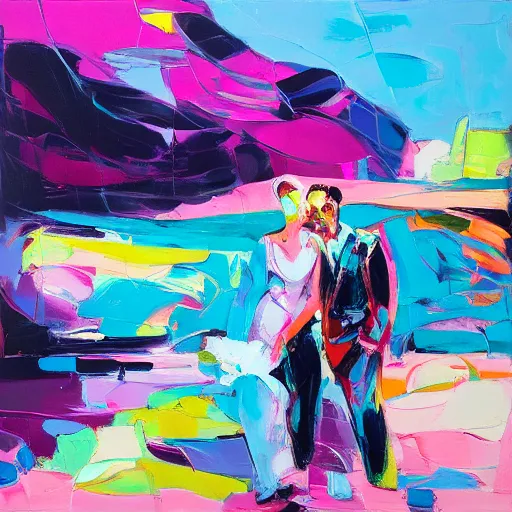 Image similar to a portrait of two lovers in a scenic environment by francoise nielly