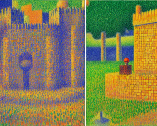 Prompt: painting of thwomp fortress ( super mario 6 4 ), highly detailed, by paul signac, by georges seurat, by albert dubois - pillet