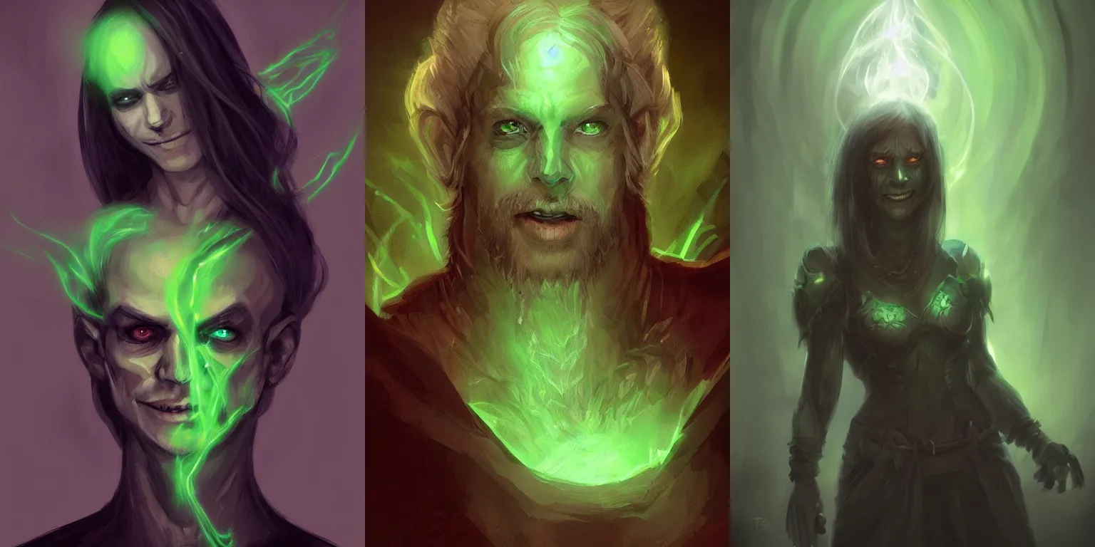 Image similar to half - length portrait, necromancer smiling, ominous. green lighting. fantasy, digital painting, hd, detailed.