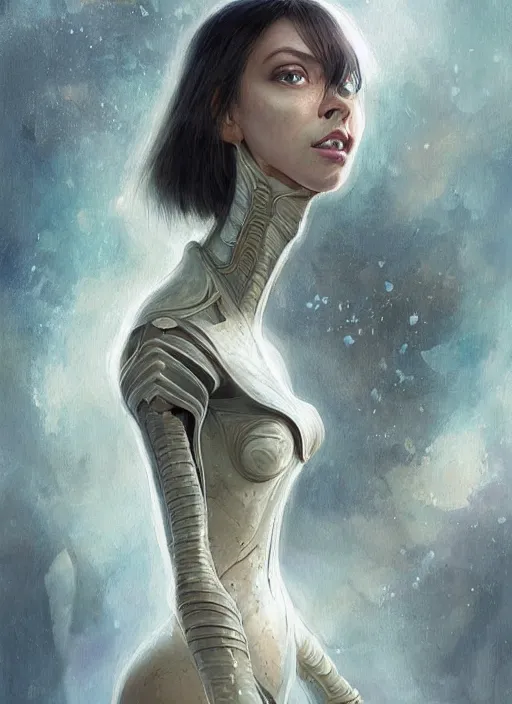 Image similar to a professional painting of a beautiful young female alien, clothed in ethereal armor, olive skin, long dark hair, beautiful bone structure, symmetrical facial features, intricate, elegant, digital painting, concept art, smooth, sharp focus, illustration, from Valerian and the City of a Thousand Planets, by Ruan Jia and Mandy Jurgens and Artgerm and William-Adolphe Bouguerea