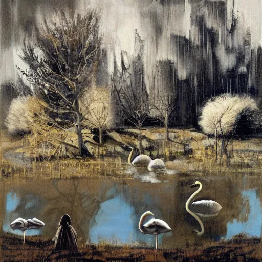 Prompt: painting hr giger tent in a landscape, swans in a pond, floral ornaments light beams night, ashley wood