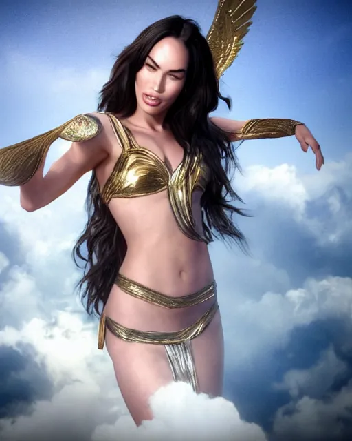 Image similar to megan fox as a Greek goddess in the sky, octane render
