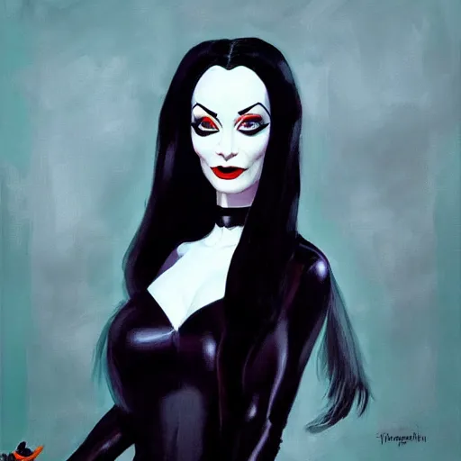 Prompt: greg manchess portrait painting of morticia from addams family as overwatch character, medium shot, asymmetrical, profile picture, organic painting, sunny day, matte painting, bold shapes, hard edges, street art, trending on artstation, by huang guangjian and gil elvgren and brom