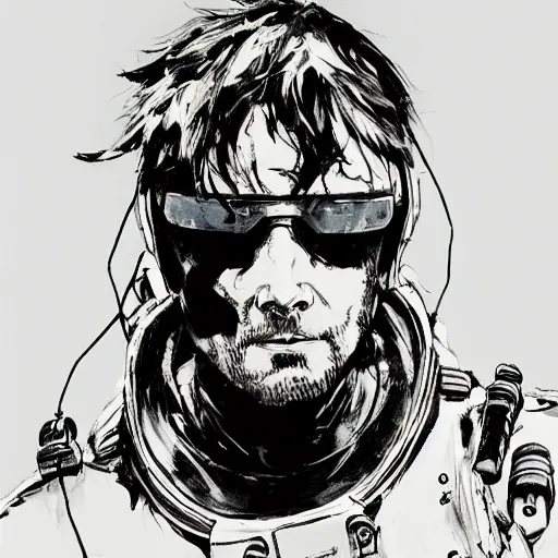 Image similar to portrait of an astronaut character in the style of Death Stranding by Yoji Shinkawa and Ashley Wood