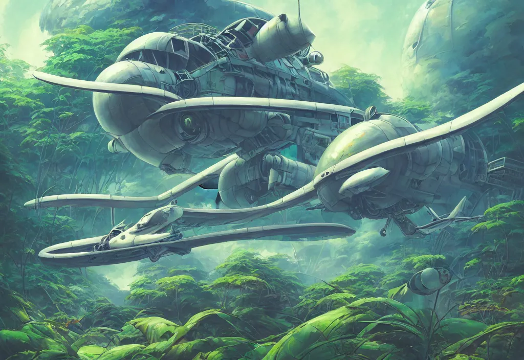 Image similar to chubby futuristic abandonned airplane in an alien jungle, intricate oil painting, high detail illustration, sharp high detail, manga and anime 1 9 9 9, official fanart behance hd artstation by jesper ejsing and makoto shinkai, 4 k,