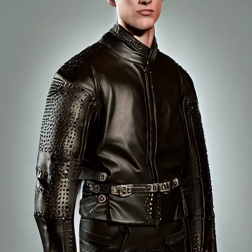 Image similar to an award - winning photo of a male model wearing a baggy designer medieval cropped leather menswear jacket designed by alexander mcqueen, 4 k, studio lighting