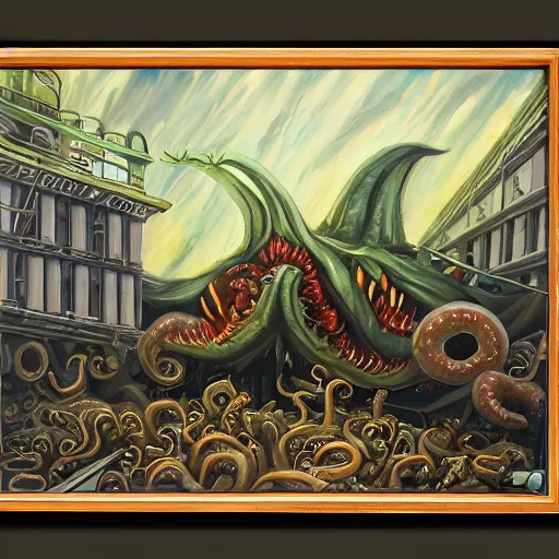 Image similar to oil painting of giant Cthulhu destroying a metro station with a M40 Machine Gun, highly detailed, H P Lovecraft