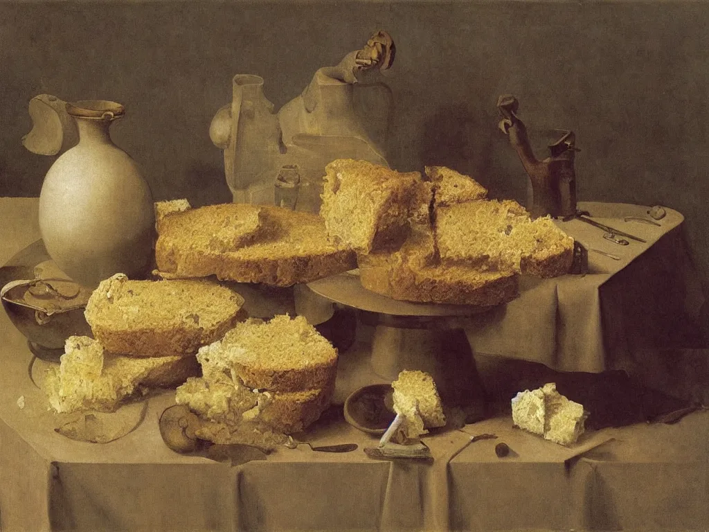 Prompt: still life with fluffy, giant diaphanous sponge - like mold raising out of an old bread. painting by zurbaran, max ernst, agnes pelton, morandi, walton ford