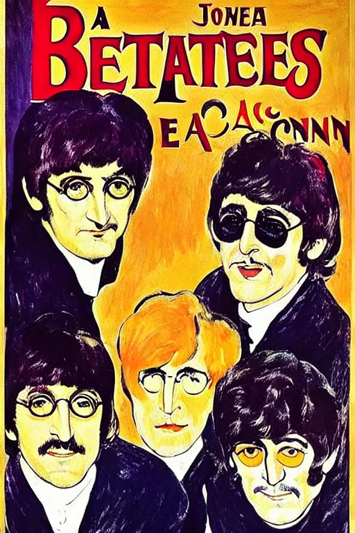 Prompt: a poster announcing a Beatles concert in a parisian cabaret depicting John Lennon, Paul Mccartney, George Harrison and Ringo Starr, painting by Toulouse-Lautrec, high quality, masterpiece,