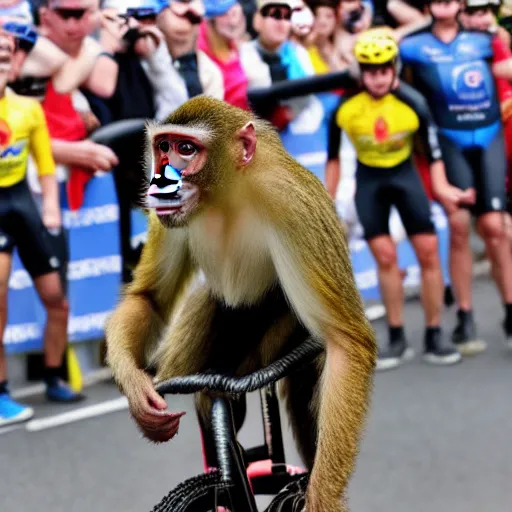 Image similar to monkey driving a bike with wheel of donuts wins tour the france