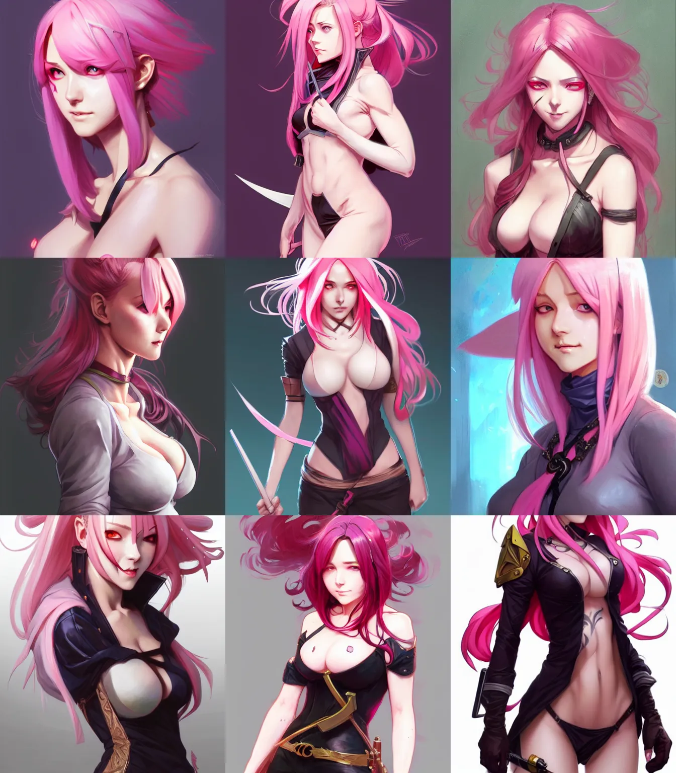 Prompt: rogue anime girl, hourglass slim figure, pink hair and attractive features, dungeons and dragons portrait, seductive smile, highly detailed, digital painting, artstation, concept art, sharp focus, illustration, art by artgerm and greg rutkowski and alphonse mucha