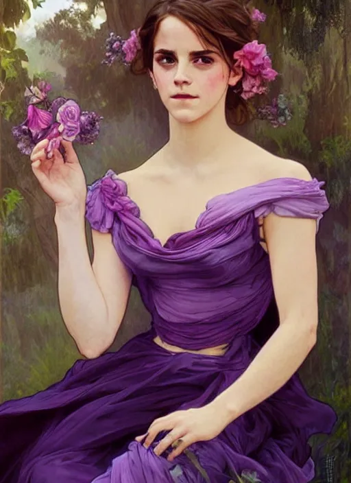 Image similar to emma watson wearing revealing pink and purple chiffon dress with flounces. beautiful detailed face. by artgerm and greg rutkowski and alphonse mucha