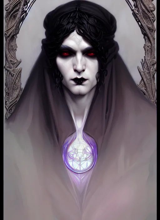 Image similar to beautiful goth ethereal male portrait, art nouveau, fantasy, intricate arcane wiccan designs, elegant, highly detailed, digital painting, artstation, concept art, matte, sharp focus, illustration, art by Artgerm and Greg Rutkowski and WLOP