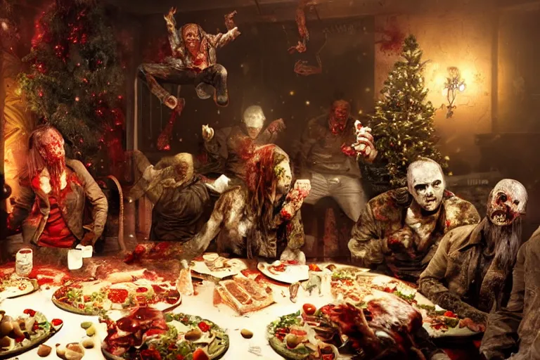 Image similar to the most amazing dream you ever had about zombies christmas dinner, hyper realistic, ambient lighting, concept art, intricate, hyper detailed, smooth, dynamic volumetric lighting, octane, cinematic