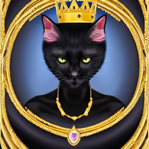 Prompt: a beautiful portrait of Black cat as a queen with a golden crown an jewelry, 8k ultra realistic details, digital art