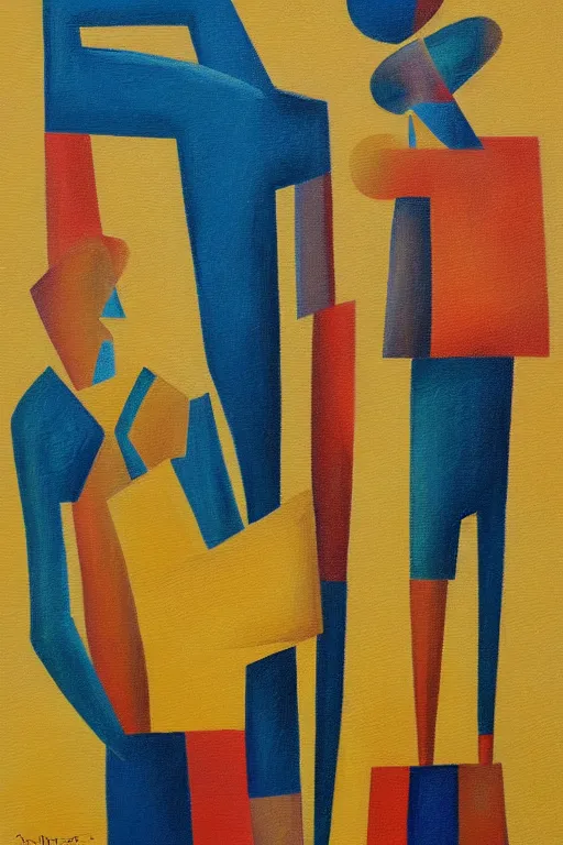 Image similar to neo cubistic painting of two tall figures, sandy yellow muted colors, in the style of Jessalyn Brooks