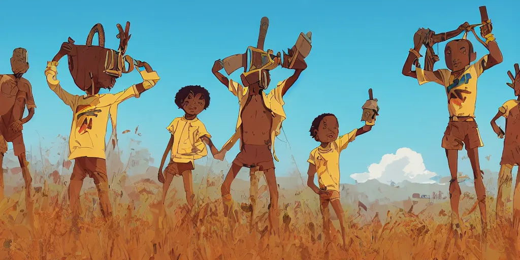 Prompt: a film still from Triplets of Belleville, 4 kids wearing African tribal masks with graffiti war paint stand together ready for battle in an open field in the middle of an African favela , medium shot, waist up, studio Ghibli, Pixar, Disney and animation anime key art by anime key art by Ian McQue, ilya kuvshinov and Greg Rutkowski, Bloom, dramatic lighting global illumination, muted red and grey