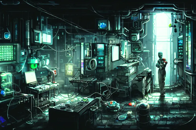 Prompt: a secret underground science lab, a scientist standing near a machine, weirdcore, photorealistic, cyberpunk, digital art, detailed, artstation hq