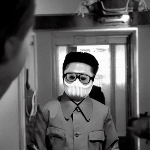 Image similar to movie still of Kim Jong-il wearing a white hockey mask in the role of Jason Voorhees from Friday the 13th (1980), Cooke Varotal 20-100mm T3.1, 35mm film