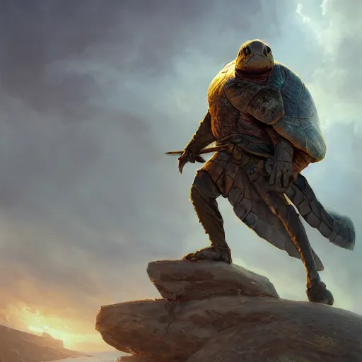 Image similar to a turtle hero raises his long sword high, dramatic light, arctic temple background, clouds, golden hour, high detail, fantasy background, painted by stanley lau, painted by greg rutkowski, painted by stanley artgerm, digital art, trending on artstation