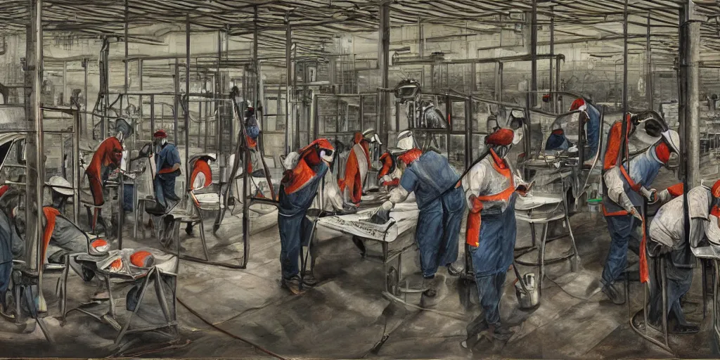 Prompt: detailed painting of blindfolded factory workers