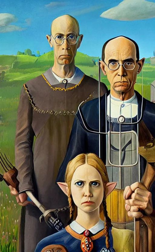 Prompt: american gothic by grant wood in the style of Legend of Zelda: Breath of the wild