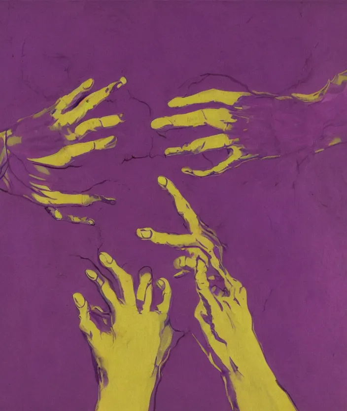 Image similar to two hands facing each other and transferring bolts of purple energy, art by francis bacon