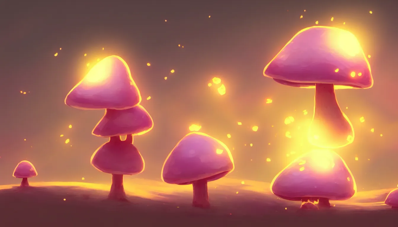 Image similar to concept art for a cute thicc mushroom creature, anime style, golden hour, lens flare, pastel pink glow, sitting on the beach | | epic - fine - clean, polished, trending on artstation, brush strokes