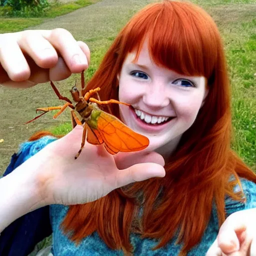 Image similar to A cute redhead girl is happily showing off a creepy bug she caught