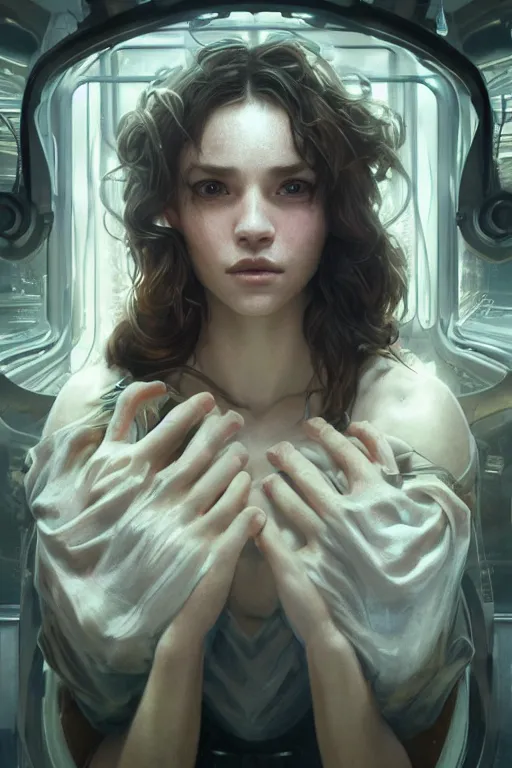 Image similar to beautiful and enigmatic ai held captive in a remote research facility. vulnerability and innocence, ultra realistic, sharp details, subsurface scattering, intricate details, warm lighting, beautiful features, highly detailed, photorealistic, octane render, 8 k, unreal engine, art by artgerm and greg rutkowski and alphonse mucha