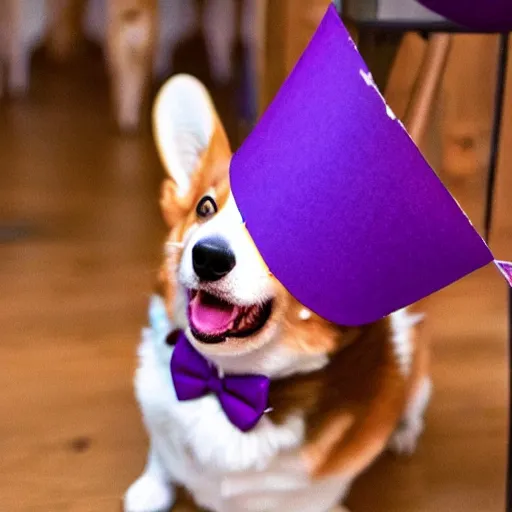 Prompt: a corgi wearing a purple party hat and a red bowtie