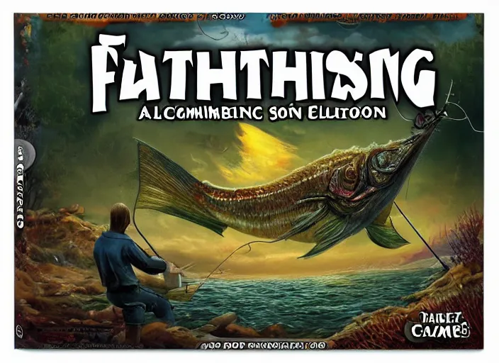 Image similar to fishing game, cozy casual game, fish for eldritch abominations, sacrifice fish to dagon